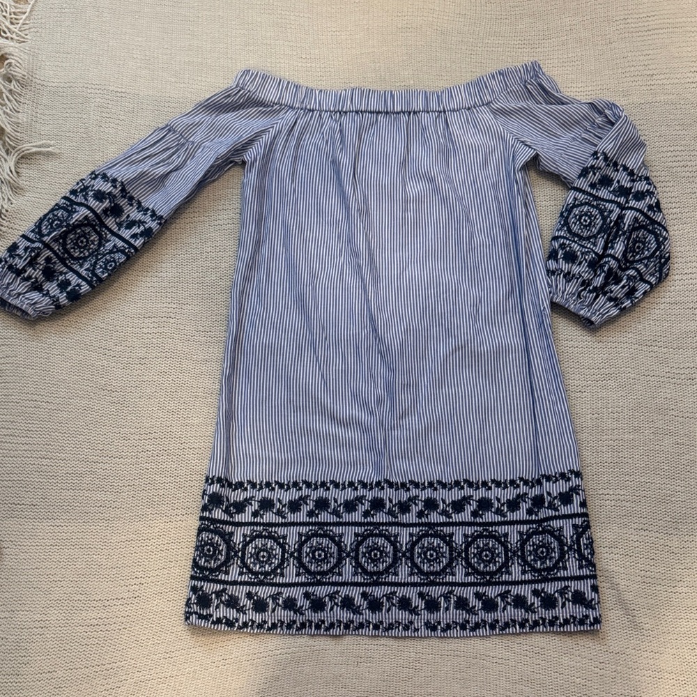Vince Camuto Blue Striped Embroidered Off Shoulder Dress | Size 4